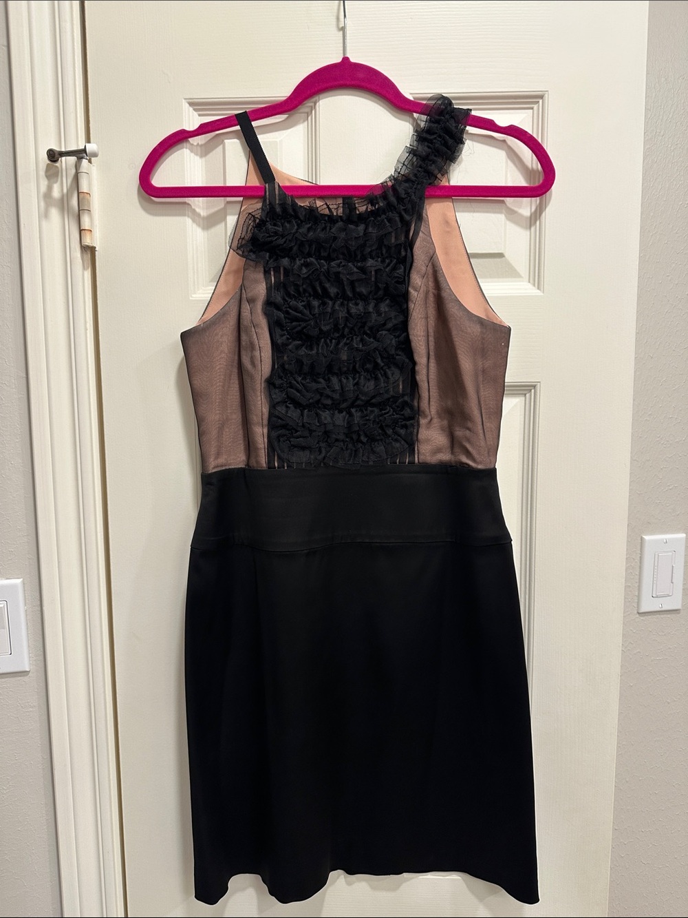 BCBGMaxAzria Black and Taupe One-Shoulder Ruffle Dress size 10